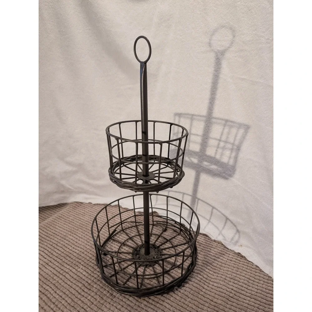 TWO TIERED BLACK WROUGHT IRON FRUIT/ALL-PURPOSE DISPLAY BASKET